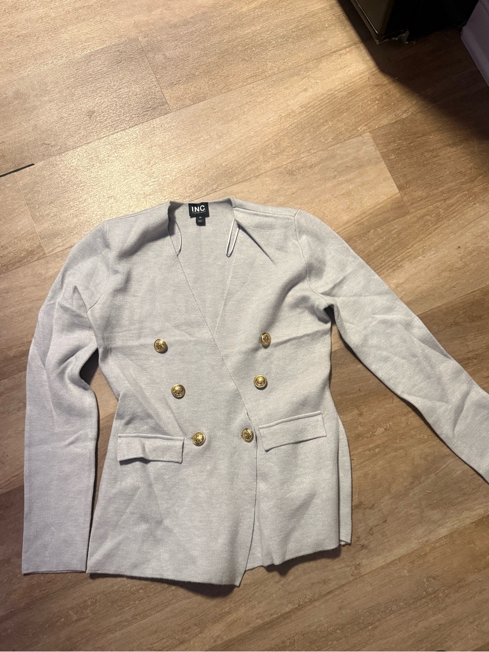 INC International Concepts Light Gray Double-Breasted Blazer with Gold Buttons
